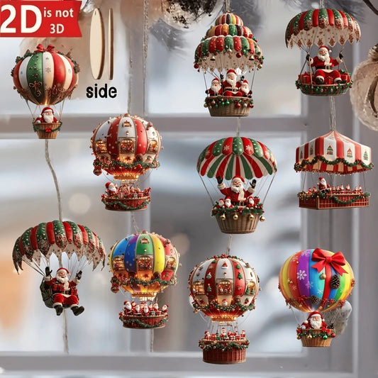 🎄10Pcs Christmas Wooden Hot Air Balloon Santa Claus Ornaments ✨