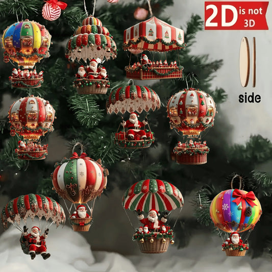 🎄10Pcs Christmas Wooden Hot Air Balloon Santa Claus Ornaments ✨